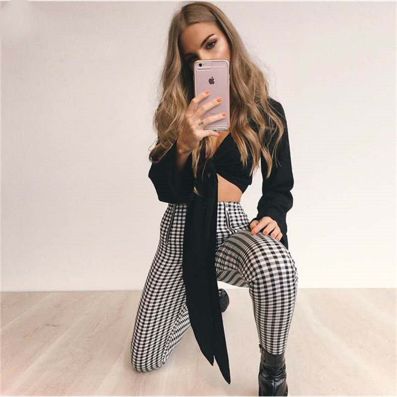 Plaid high waist casual pants