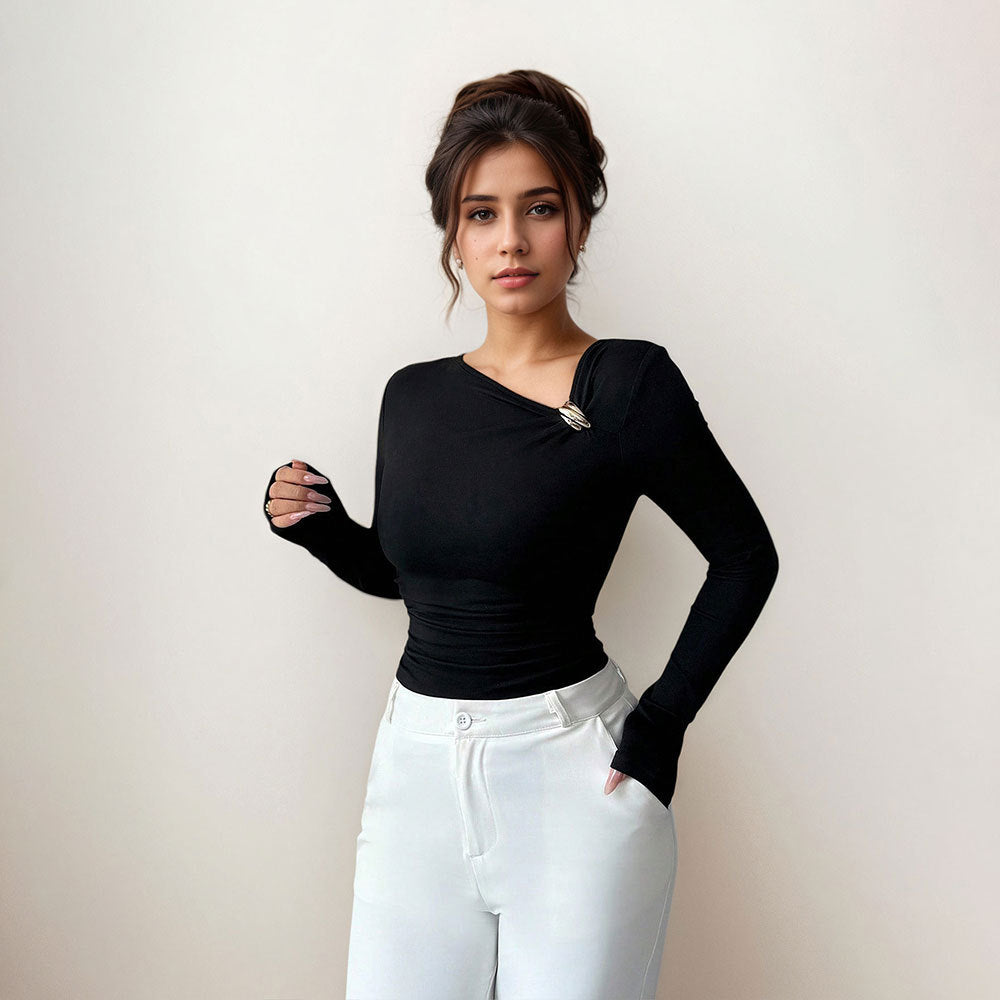 Oblique Collar Pleated Slim Base TShirt