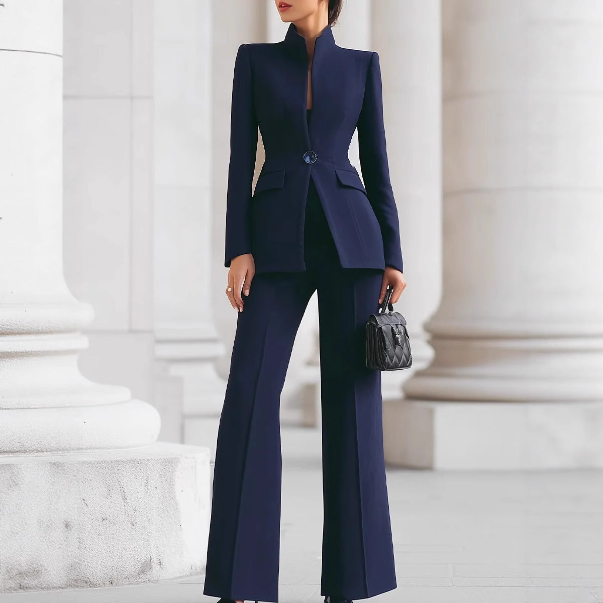 Long Sleeve Solid Color Pocket One Button Small Suit Two-piece Pants