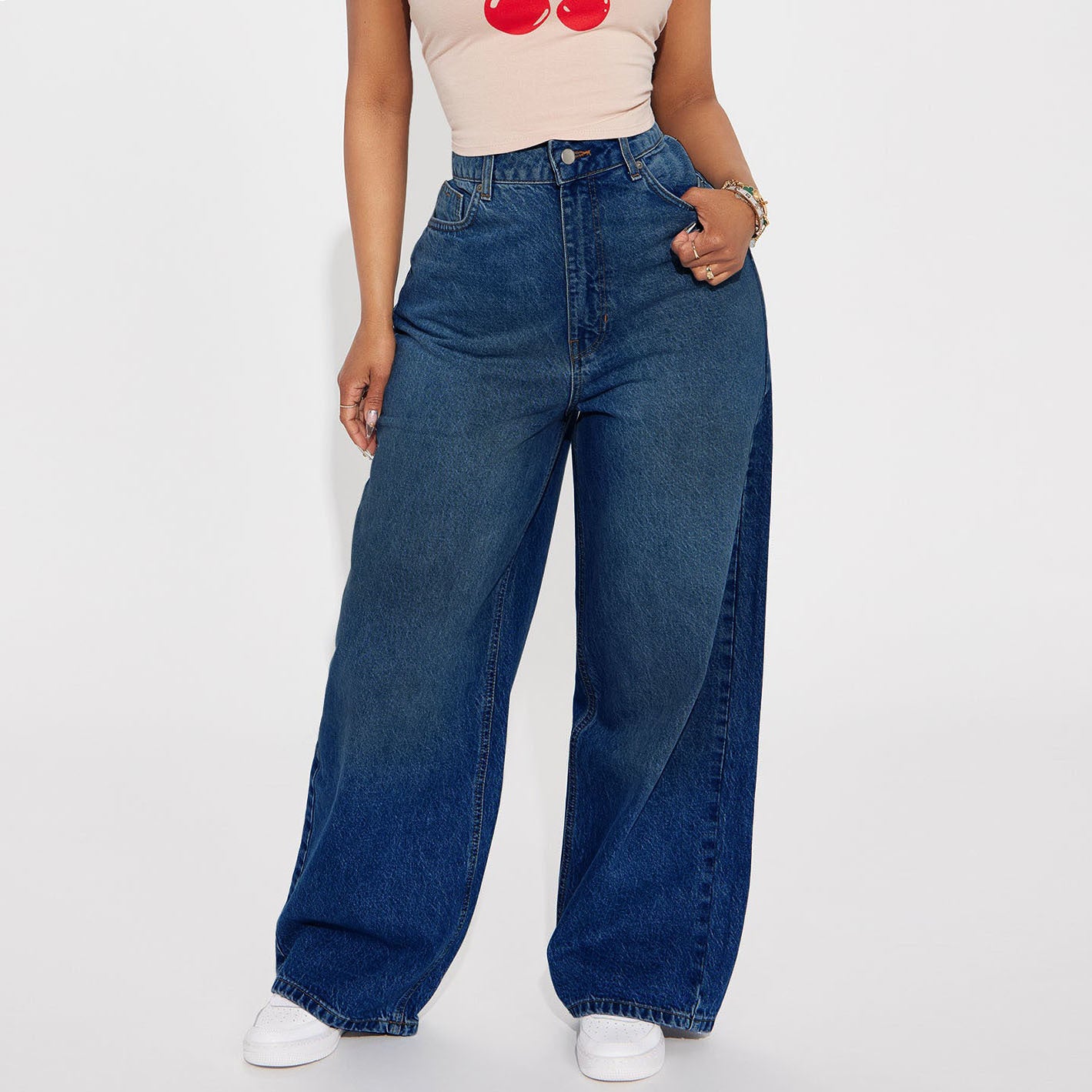 High-waisted Dark-blue Wide-leg Floor-length Jeans