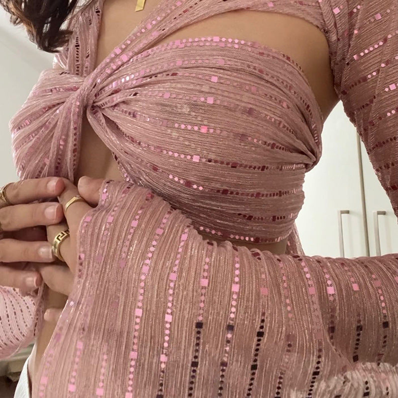 Pure Color Sequins Pullover Long Sleeve Tied Backless Gauzy