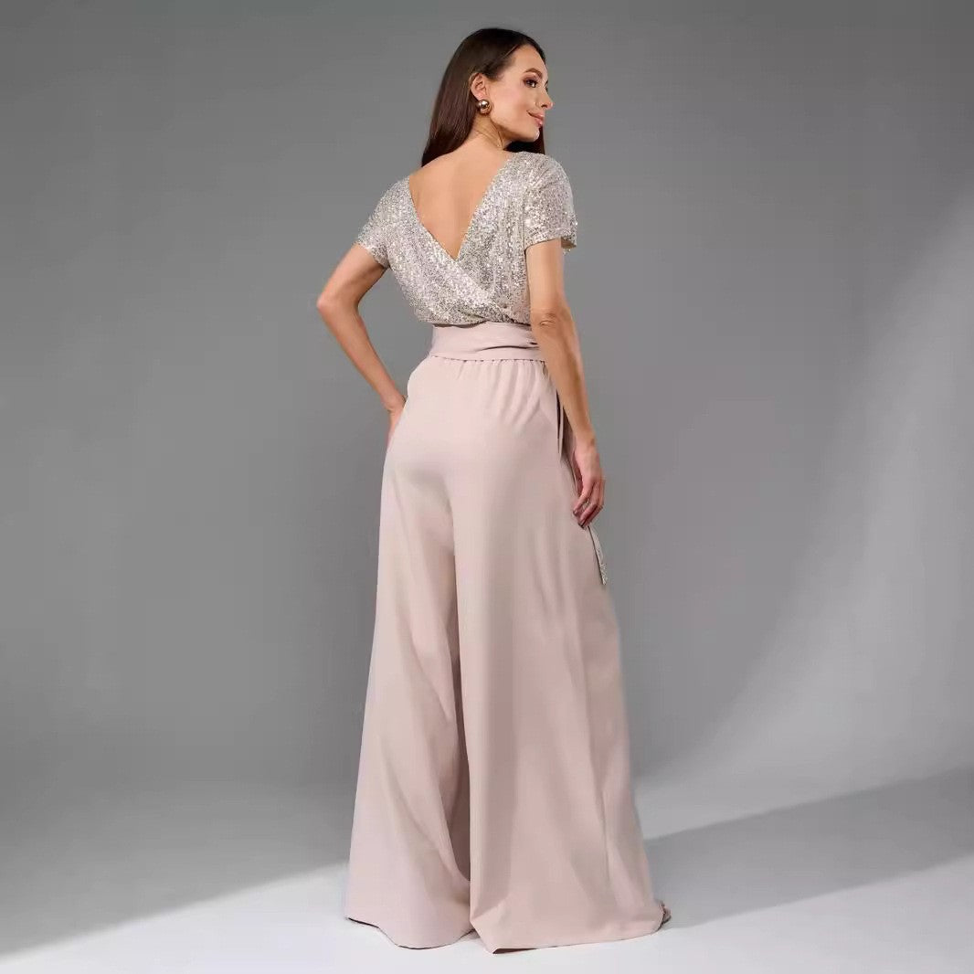 One-piece Sequin short Sleeve Jumpsuit Trousers