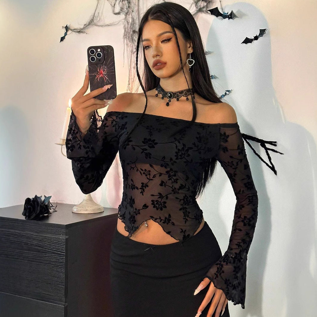 Floral Mesh Off-the-Shoulder Flare-Sleeve Top