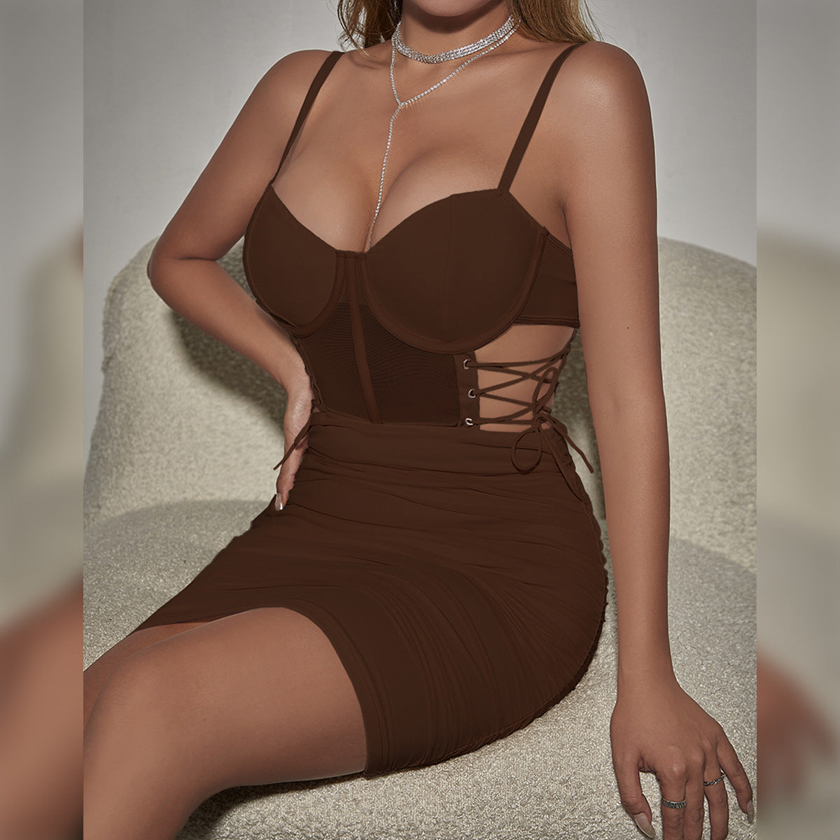 Hollowed-Out Cross-Tie Underwire Fishbone Slimming Camisole Dress