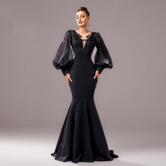 Black Banquet Applique Sheath Fishtail Dress