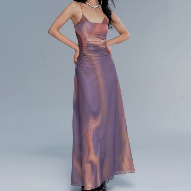 Vacation Style Contrast Color Pleated Off-the-shoulder Slip Dress