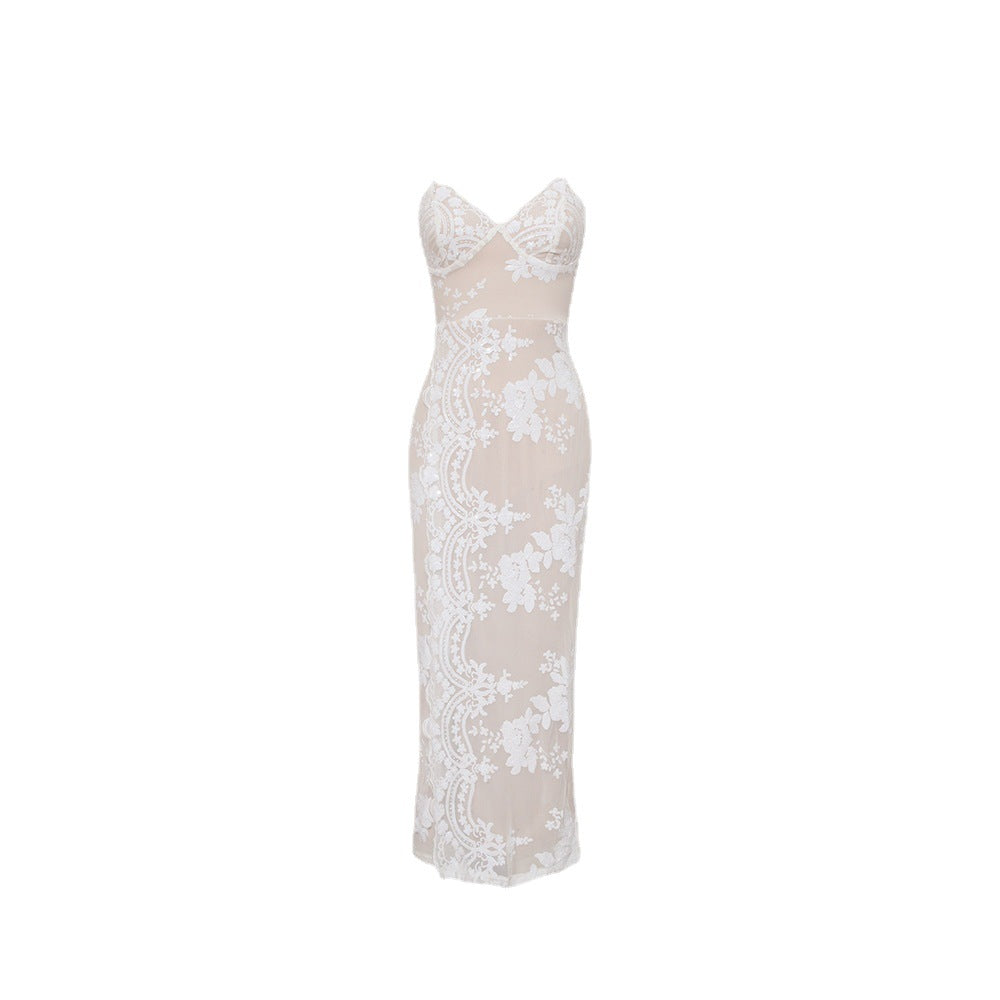 Sequin Embroider Cross Slit Backless Sling Slim Fit Long Dress