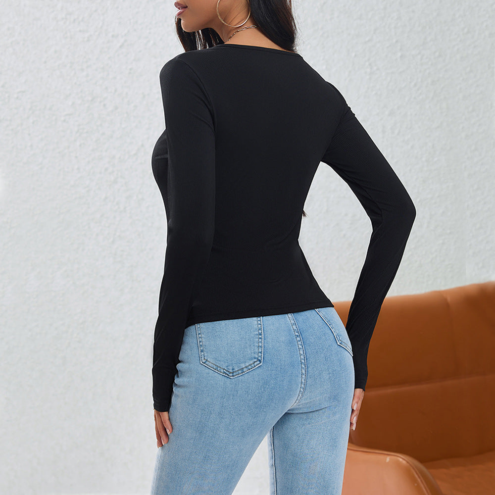 Irregularly Arranged Buttons Black Blouse
