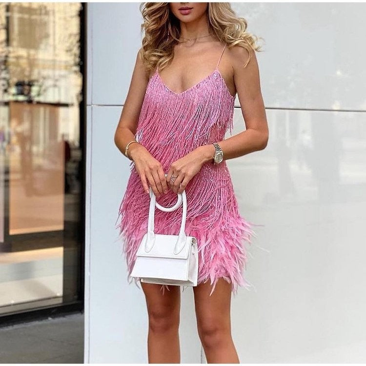 Tassel Sequins Feather Summer Mini Dress