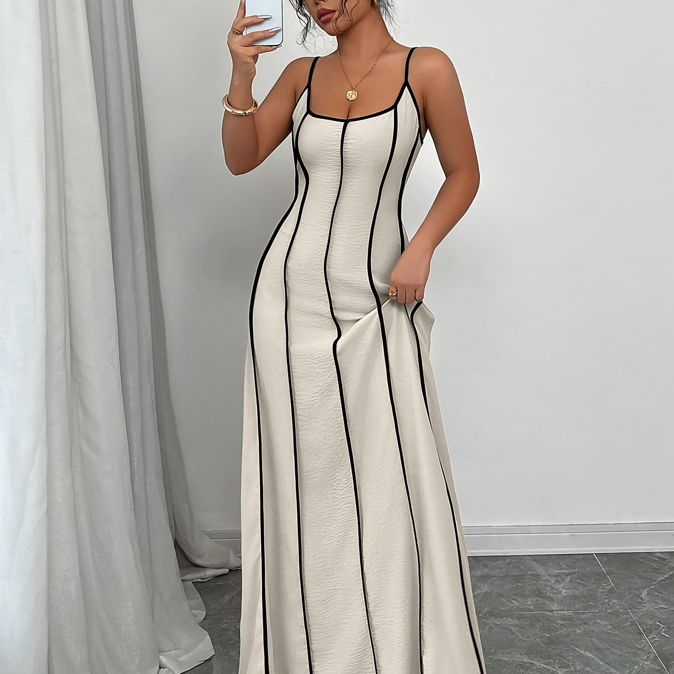 Women's Spaghetti-Strap Backless Colorblock Slip Dress