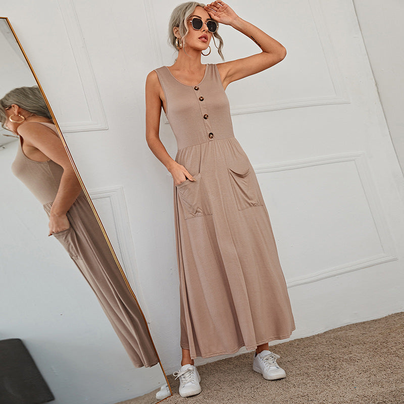 Round Neck Sling Front Button Skirt Slim Dress