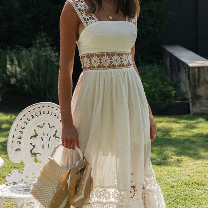 Yojoceli Sexy long women summer white lace dress Casual beach boho maxi dress Sweet sleeveless floral hollow out dress