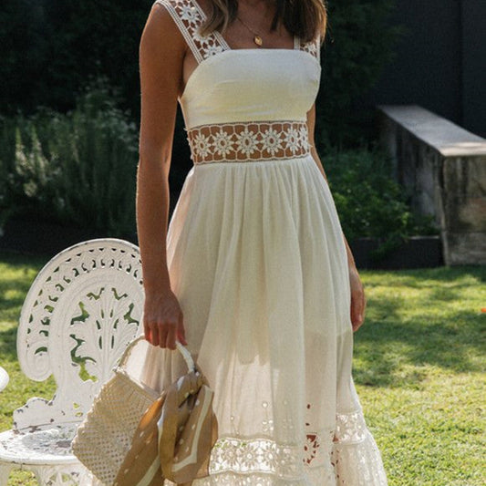 Yojoceli Sexy long women summer white lace dress Casual beach boho maxi dress Sweet sleeveless floral hollow out dress