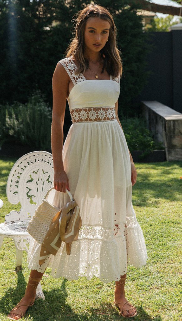 Yojoceli Sexy long women summer white lace dress Casual beach boho maxi dress Sweet sleeveless floral hollow out dress