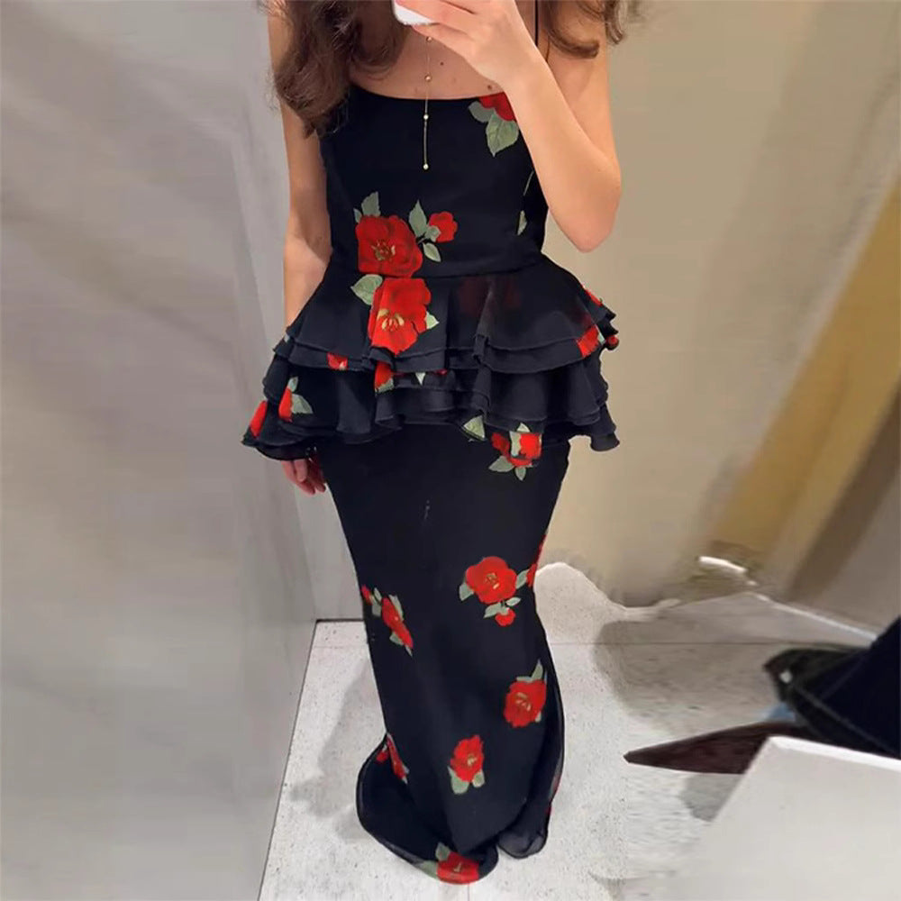 Floral Mesh Split Bodycon Skirt And Camisole Set For Women