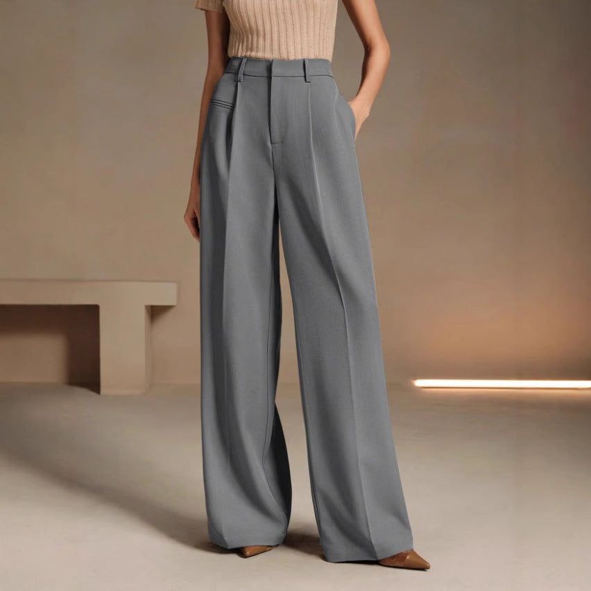 High-Waisted Versatile White Straight-Leg Suit Pants