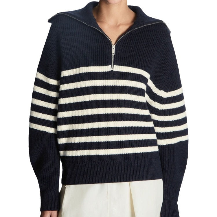 Half-zip Striped Long-sleeved Sweater Blouse