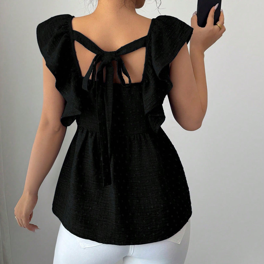 Korean-style Polka-dot Printed Bishop-sleeve Top
