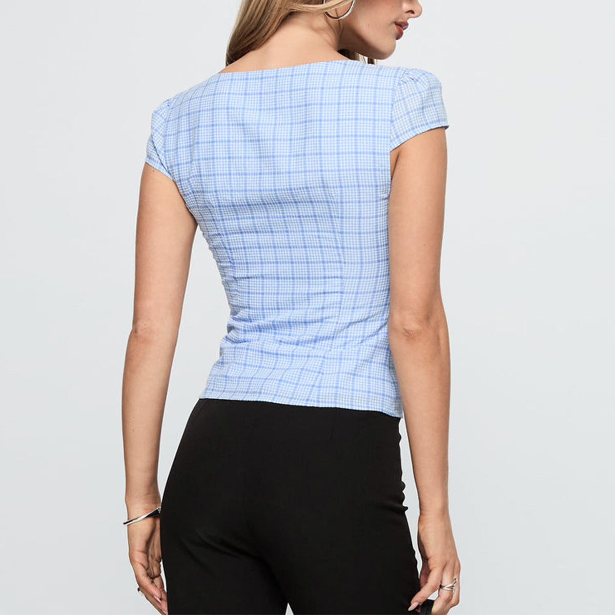 Womens Short-sleeve Plaid Button-up Top Short Blouse