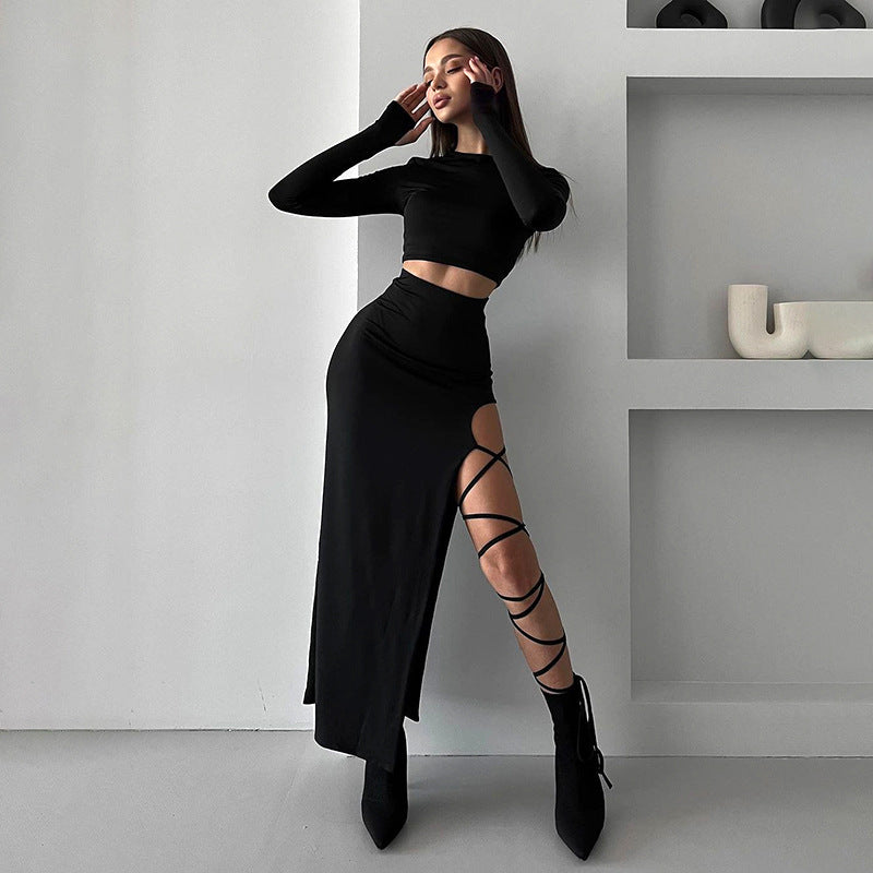 Crop Top and Half Skirt with One Strap Set