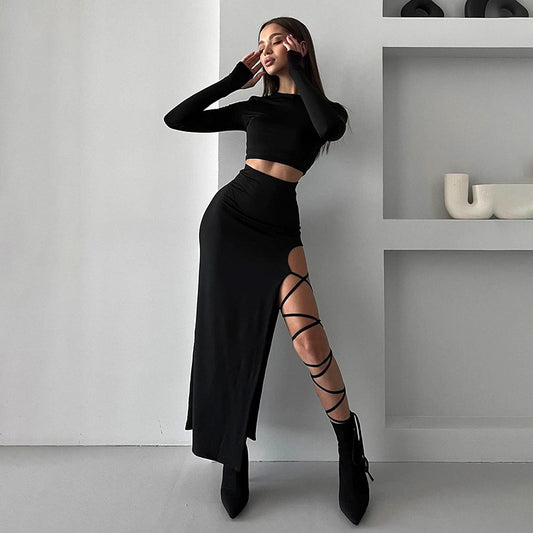 Crop Top and Half Skirt with One Strap Set