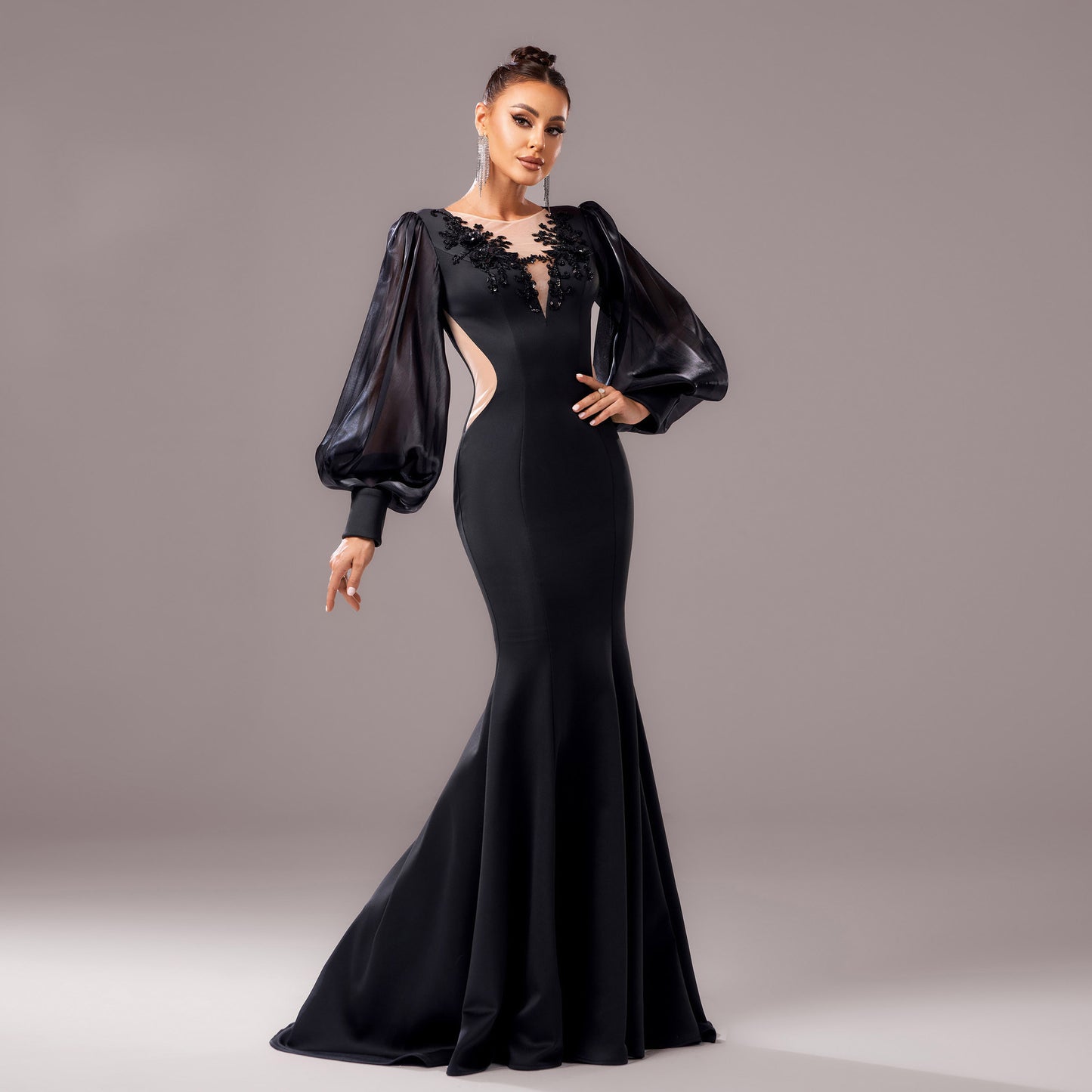 Black Banquet Applique Sheath Fishtail Dress