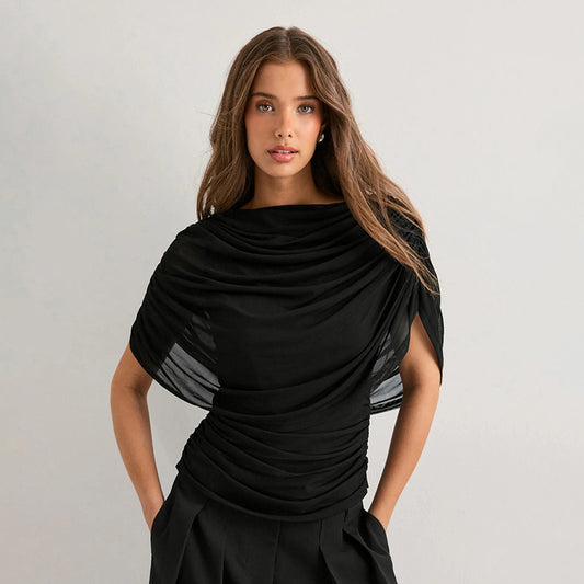 Scarf-style Neckline and Draped Pleats Blouse
