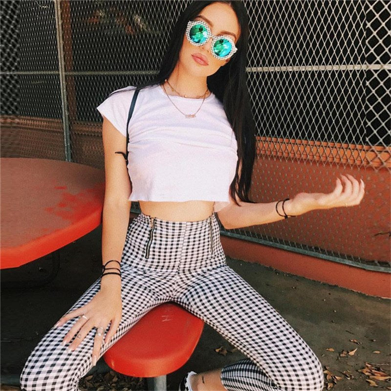 Plaid high waist casual pants