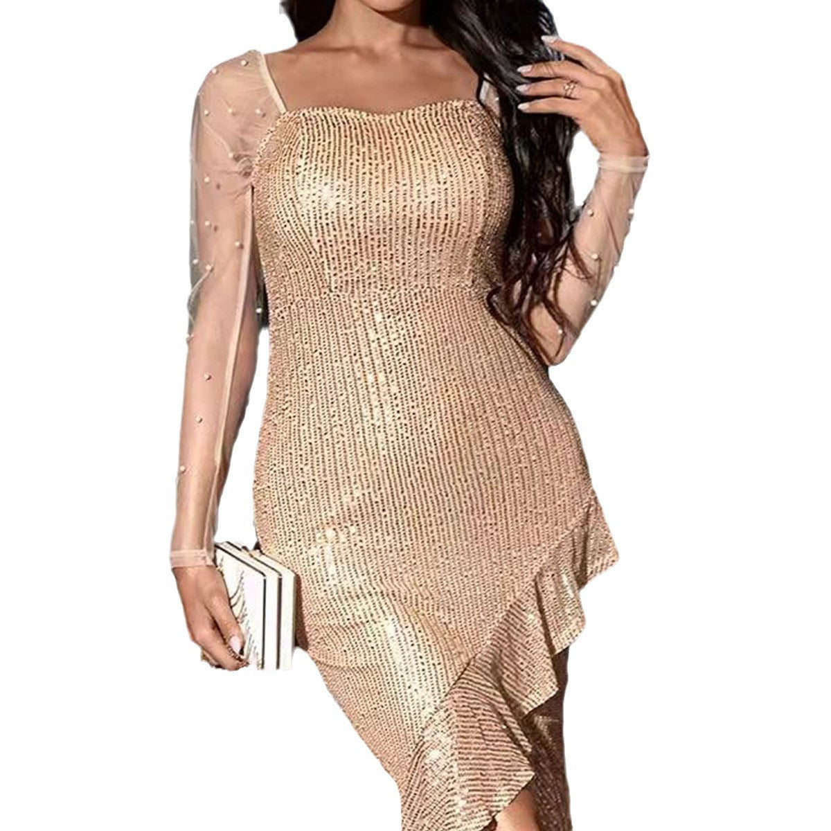 Sequined Long Sleeve Irregular Temperament Dress