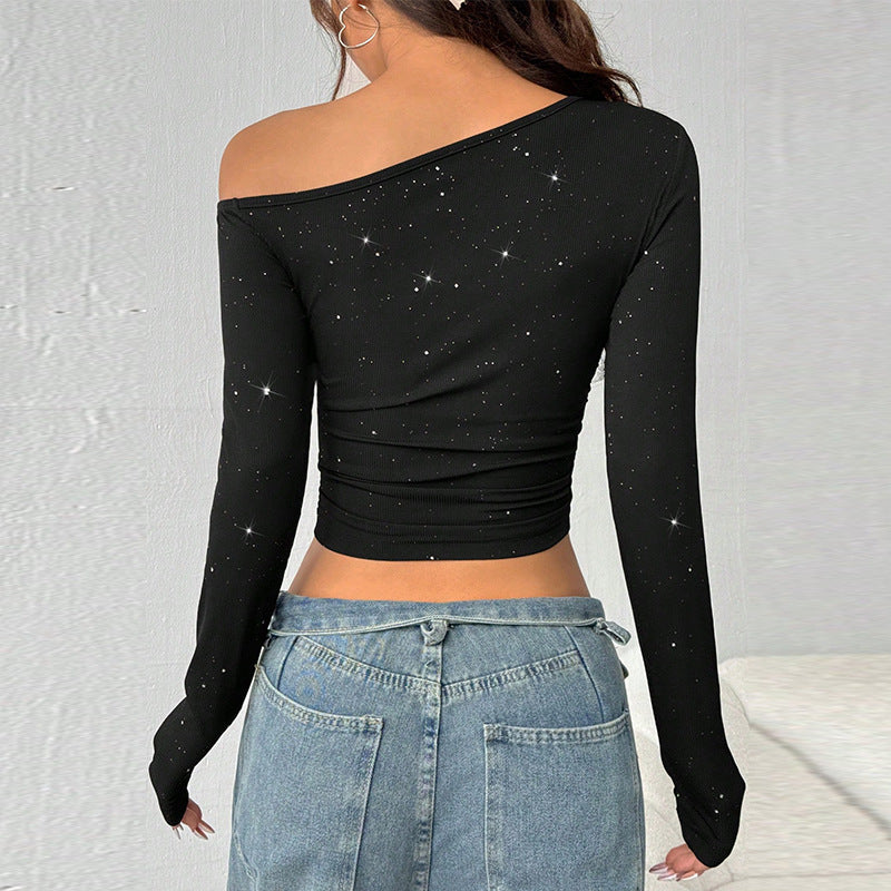 Rhinestone Shoulder Slimfit Long Sleeve black crop top