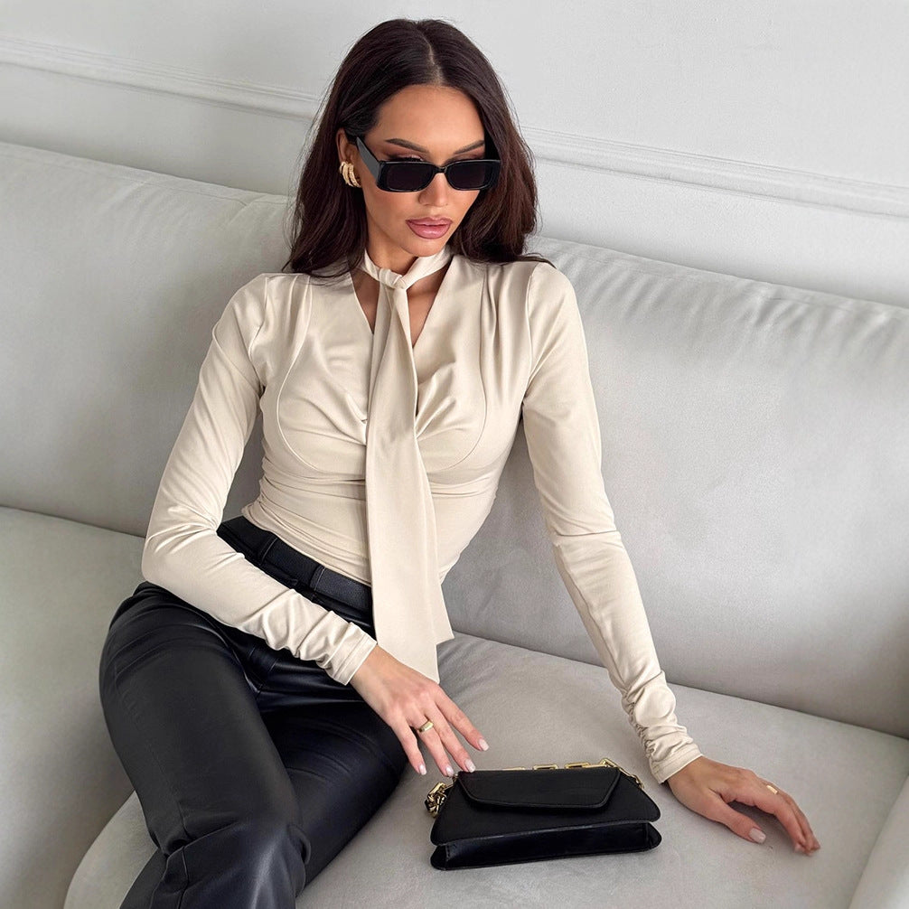 Retro Slim Ribbon Long Sleeve T-shirt Blouse