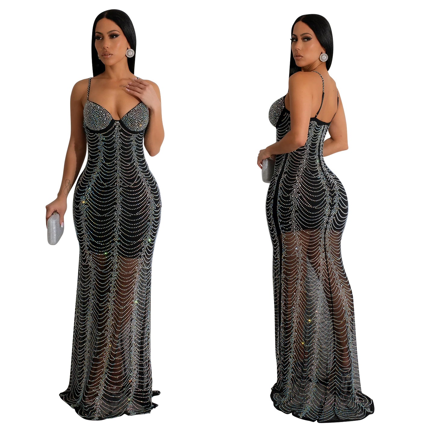 Pure Color Mesh Rhinestone Strap Dress