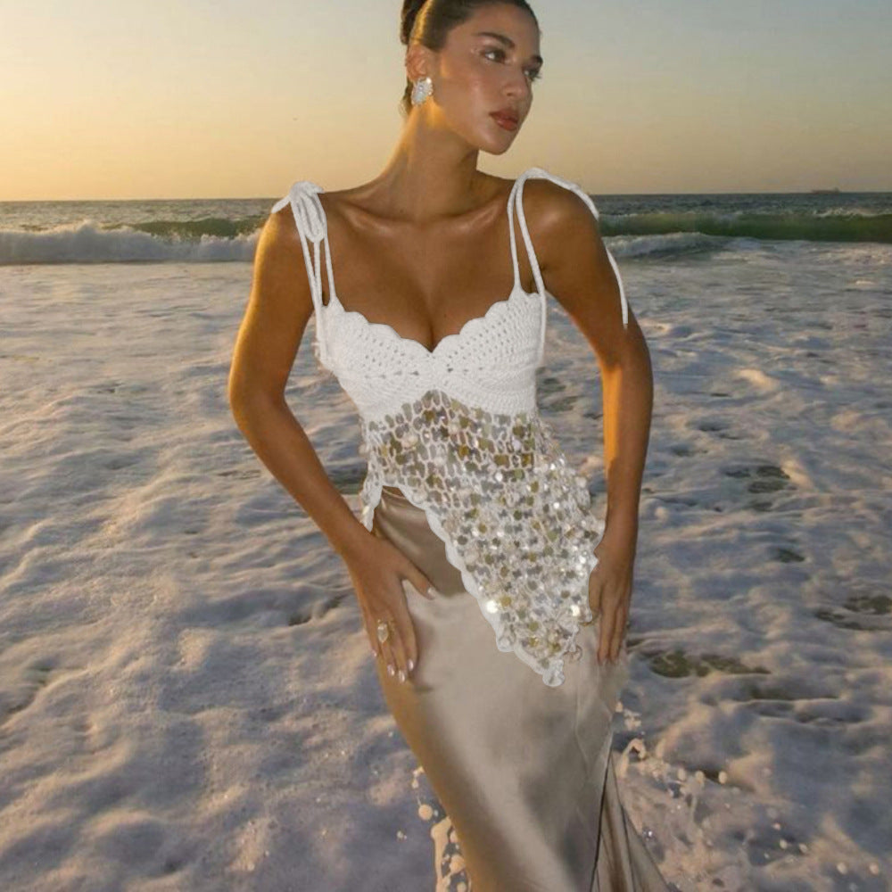 Womens Beach Dress Sequin Strap Bikini Swimsuit Cover Up Sun Protective Top