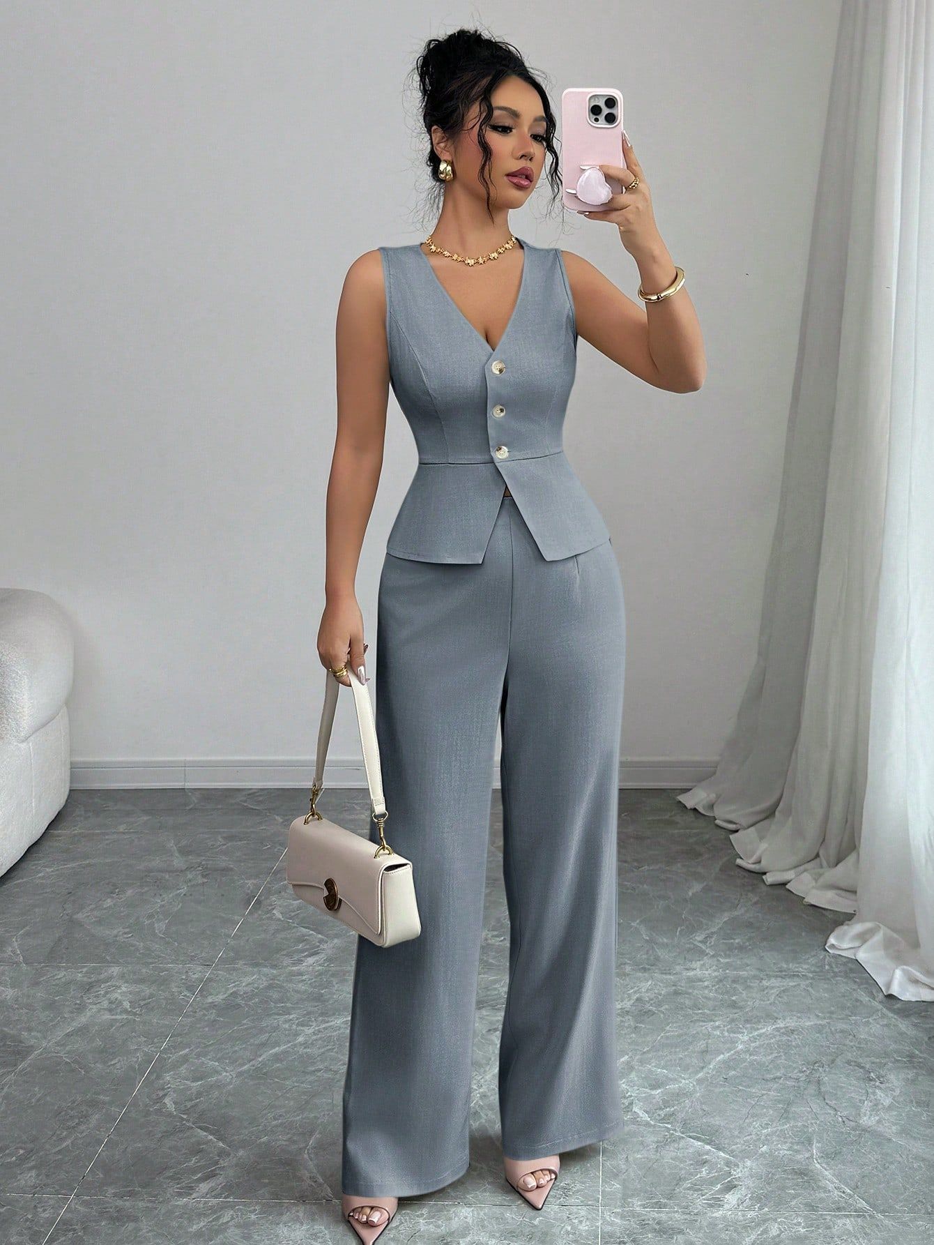 Sleeveless Slim Fit Vest High Waist Trousers Two-piece Set