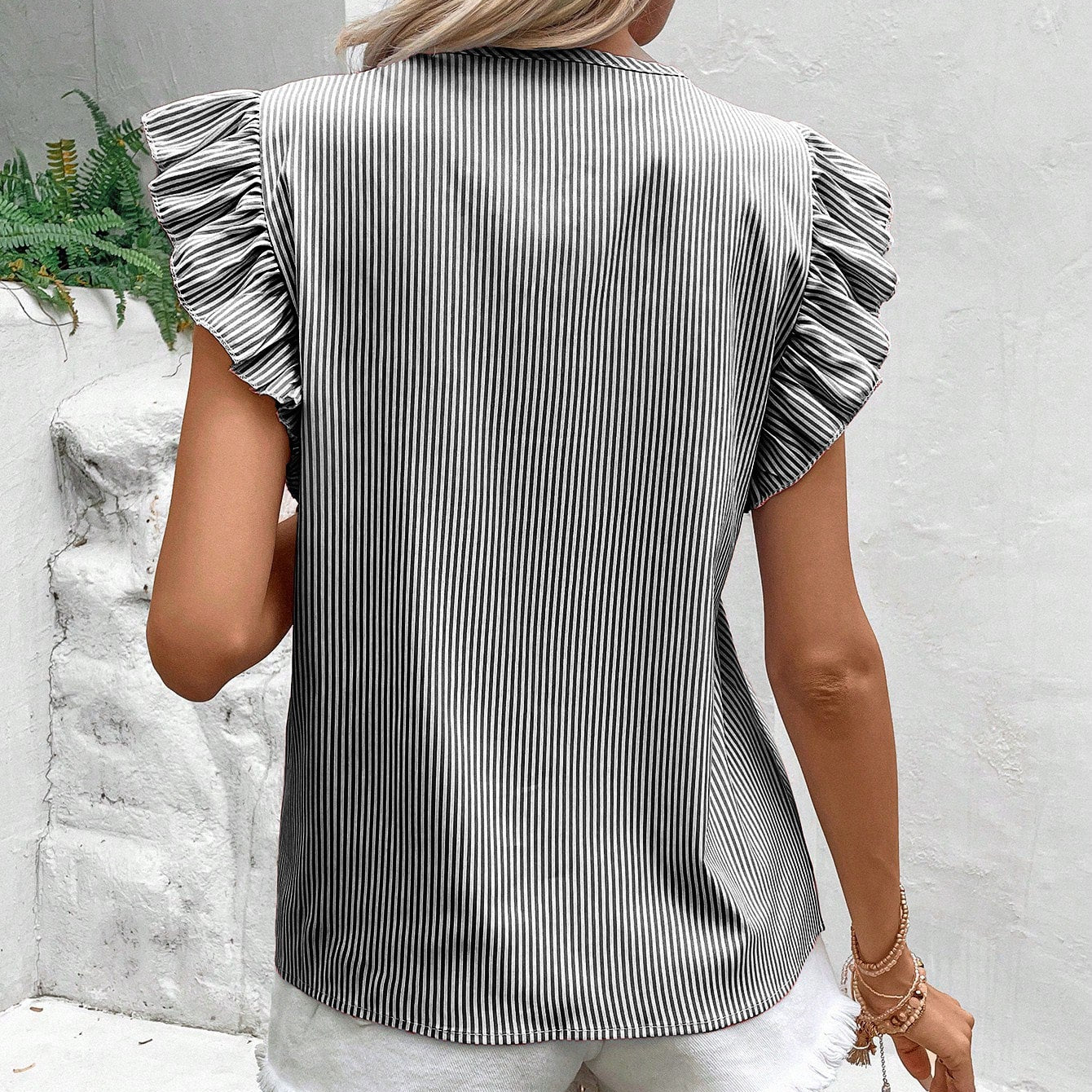 Striped Top Ruffle Sleeves Blouse