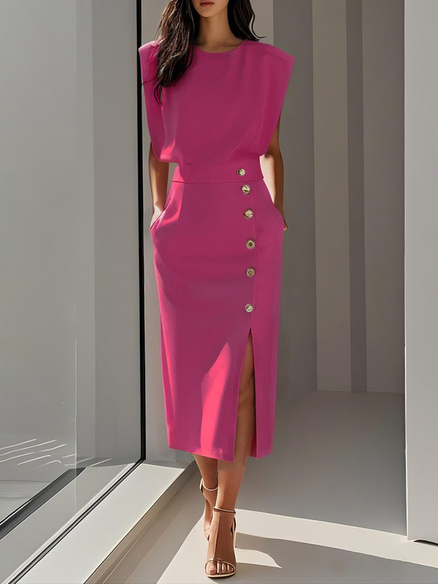 Split Metal Button Summer Dress Women