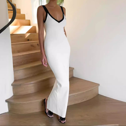 Vest Contrast Color Beach Vacation V-neck Knitted Sleeveless Split Dress