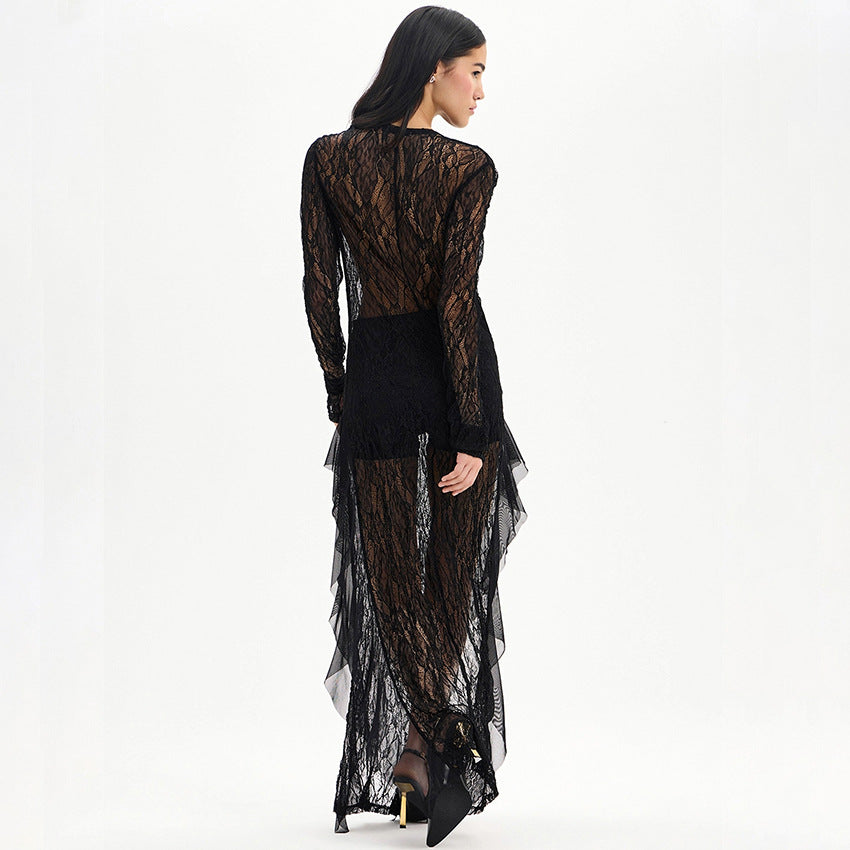 Lace See-Through Long-Sleeve Dress