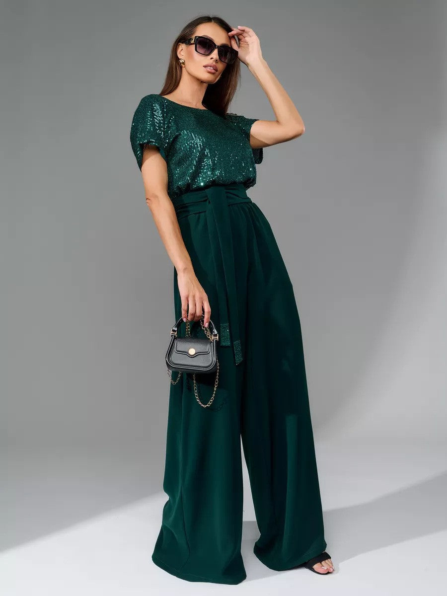 One-piece Sequin short Sleeve Jumpsuit Trousers