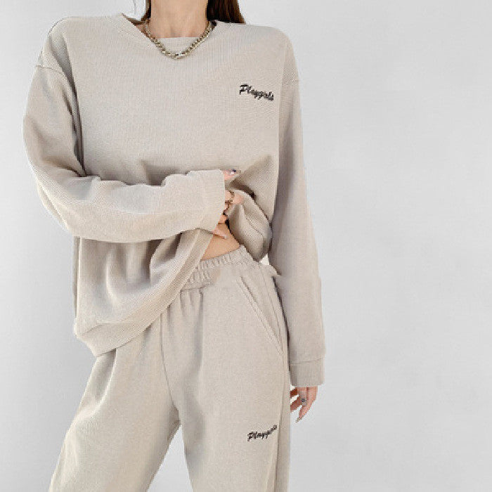 Waffle Long Sleeve Crew Neck Sweater \Track Pants Sports Suit