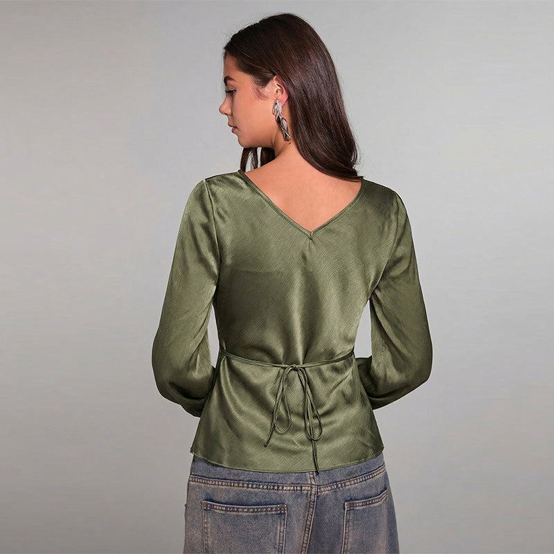 Flared Sleeve Army Green Blouse