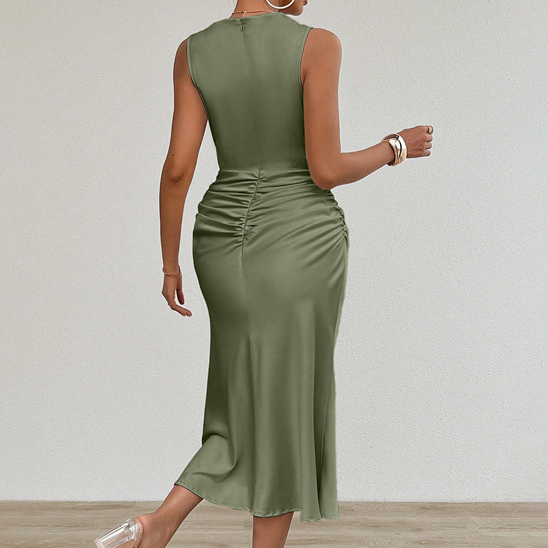 Sleeveless Tank Crew Neck Ruched Bodycon Dress