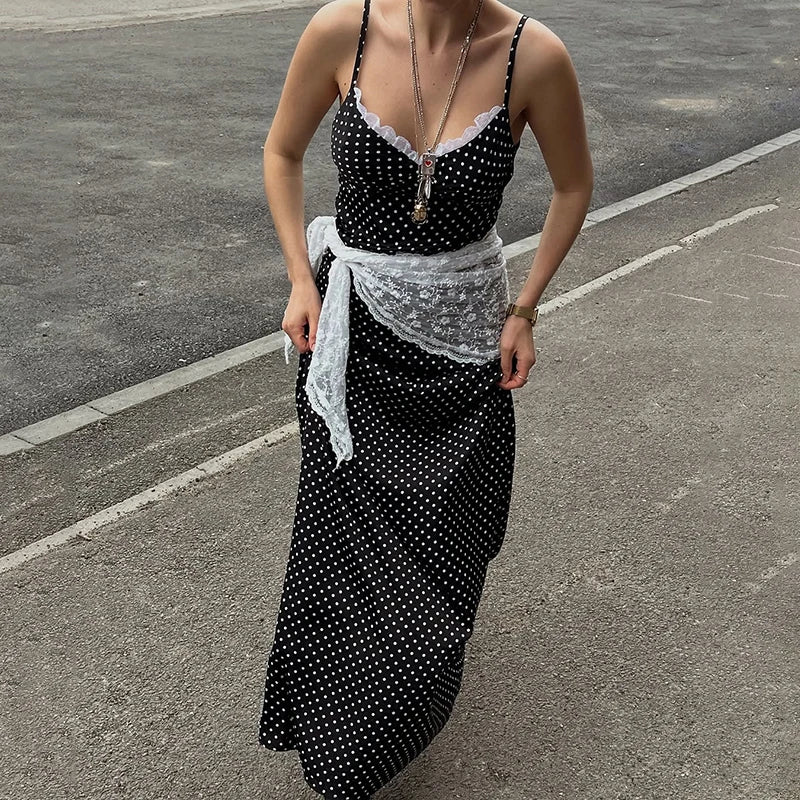 Tornova Polka Dot Suspender Long Dress Women's Sexy Deep V Neck Lace Splice Elegant Dress Vacation Slim Dresses 2025 Summer New