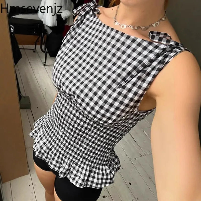 Hmsevenjz Black and White Plaid Lace-up Tank for Women's Summer Hot Girls Ruffled Edges Sleeveless Short Top Female Clothes