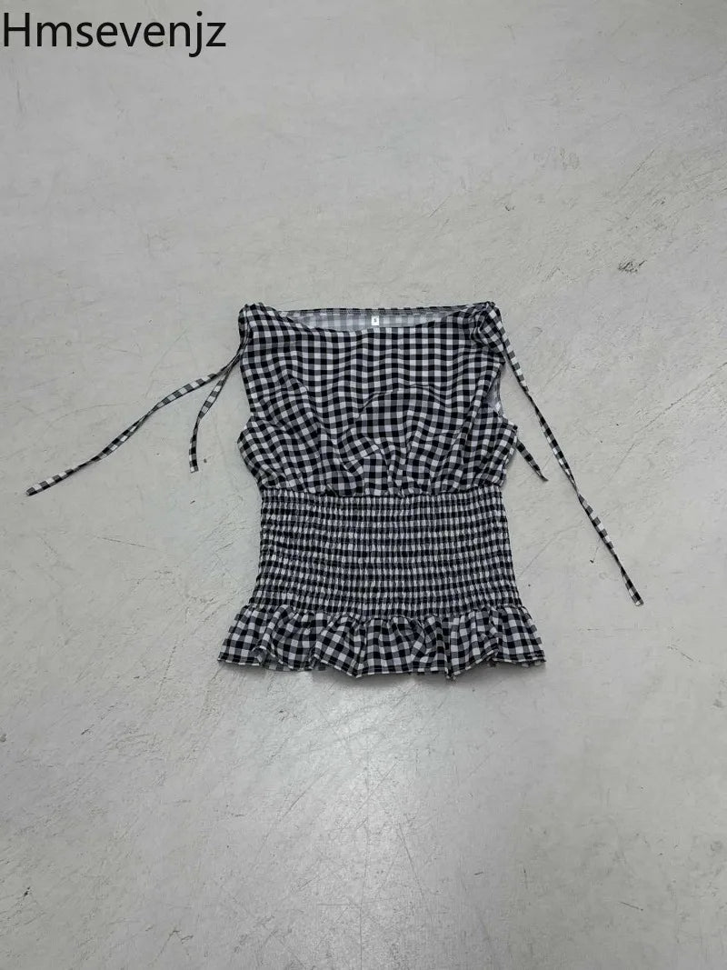 Hmsevenjz Black and White Plaid Lace-up Tank for Women's Summer Hot Girls Ruffled Edges Sleeveless Short Top Female Clothes