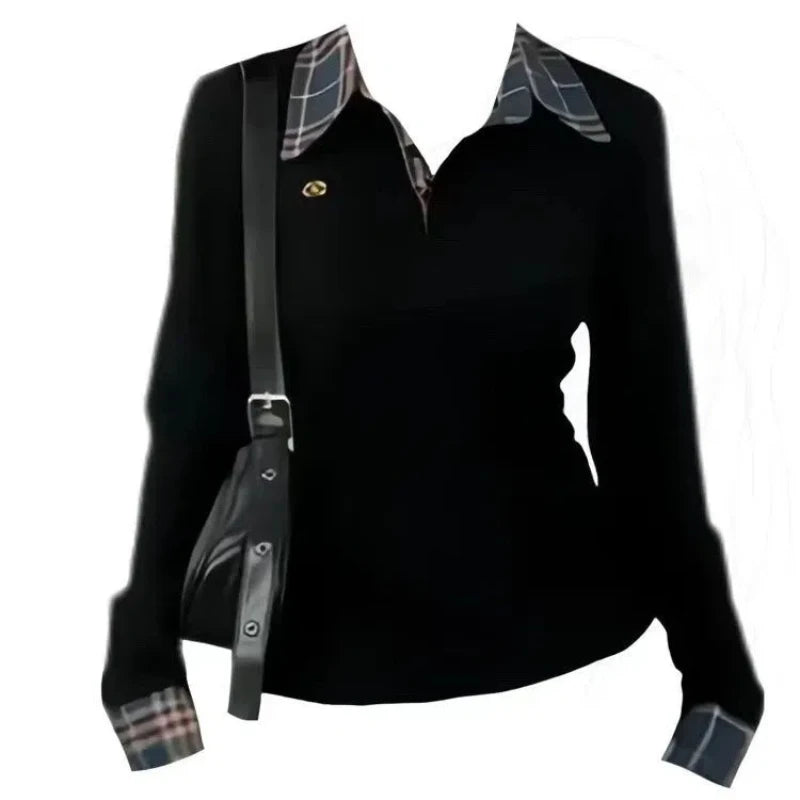Polo Neck Plaid Patchwork Embroidery T Shirts Spring Autumn Fake Two-piece Slim High Street Tops Fashion Casual Women Clothing