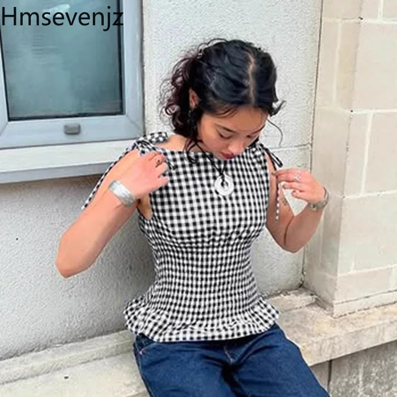 Hmsevenjz Black and White Plaid Lace-up Tank for Women's Summer Hot Girls Ruffled Edges Sleeveless Short Top Female Clothes