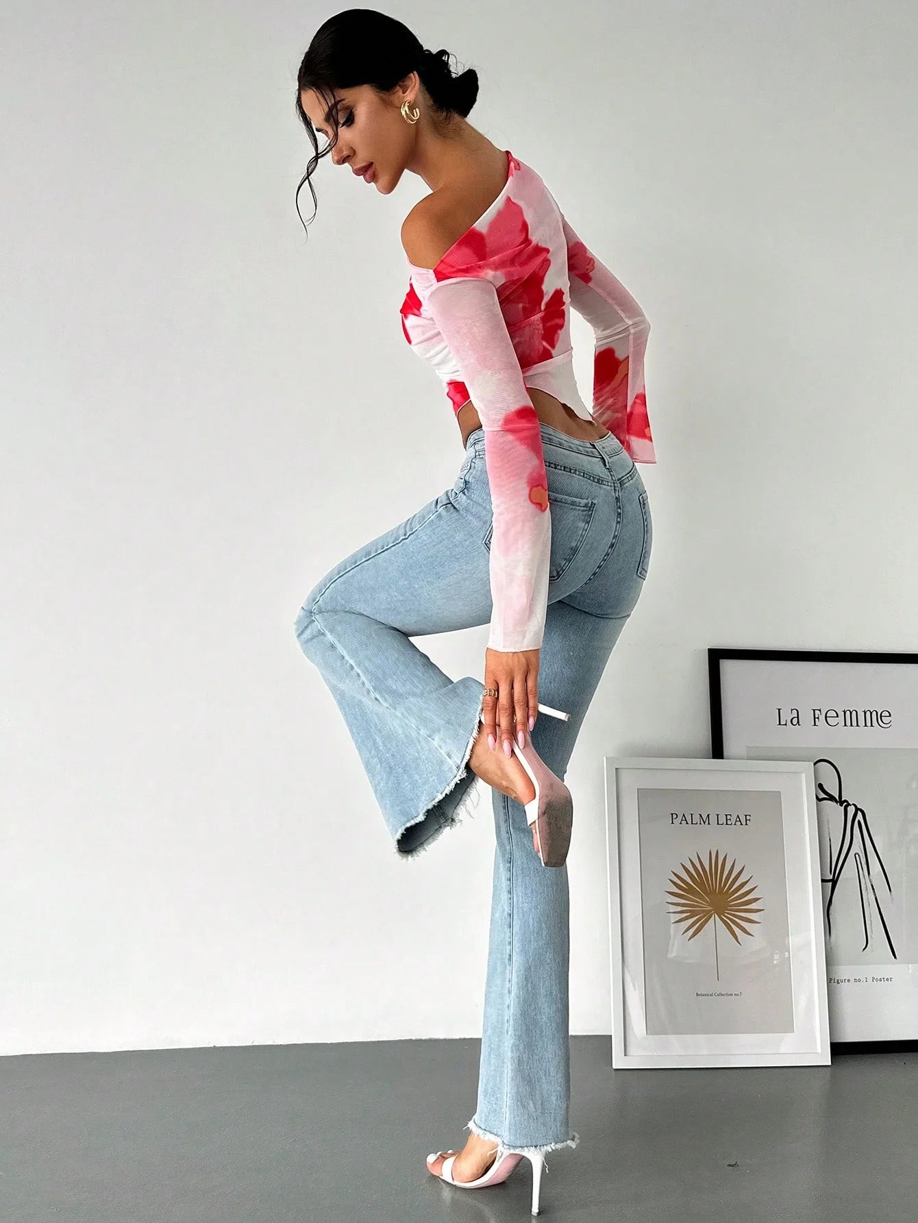Spring and Summer Design Sense Irregular Oblique Shoulder Tie-dye Print Design Long Sleeve T-shirt Slim-fit Blouse Woman