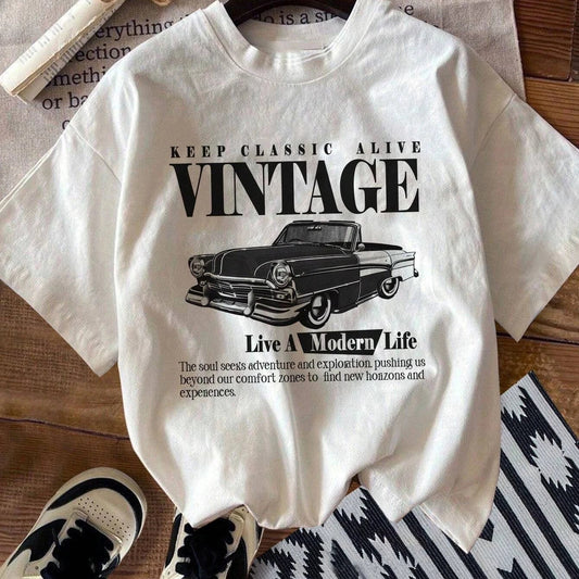 Vintage Car Print Women T-Shirts Street Breathable Comfortable Short Sleeve Fashion Personality Tops Loose Sports T Shirt Female