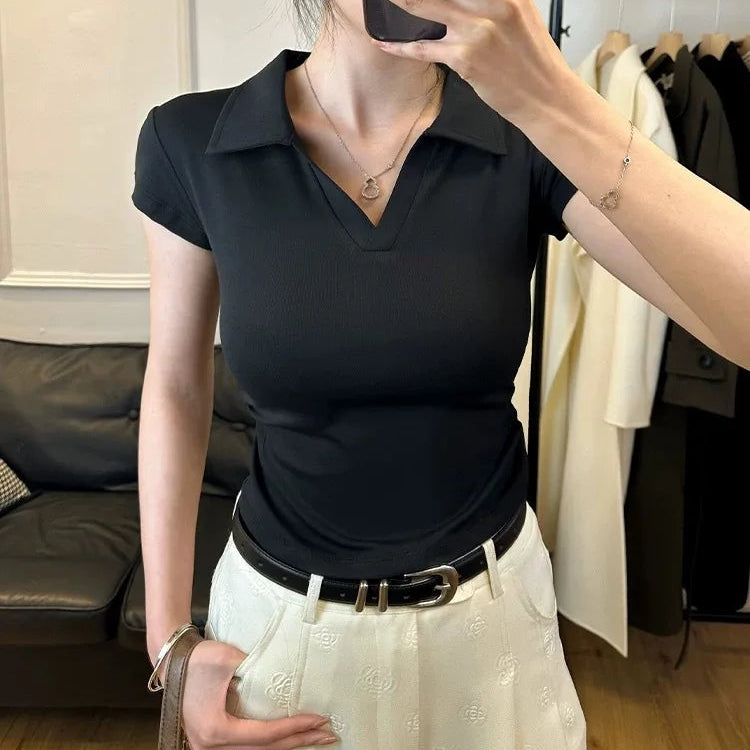 Cotton Summer Sexy Women's T Shirt Skinny Slim Basic Solid Crop Top Short Sleeve Polo TShirtCasual Top Tee for Women